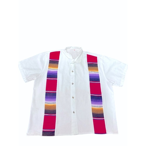 Mens XL White Mexican Guayabera Shirt Colorful Vertical Stripes Cuban Design Chi - Picture 2 of 6